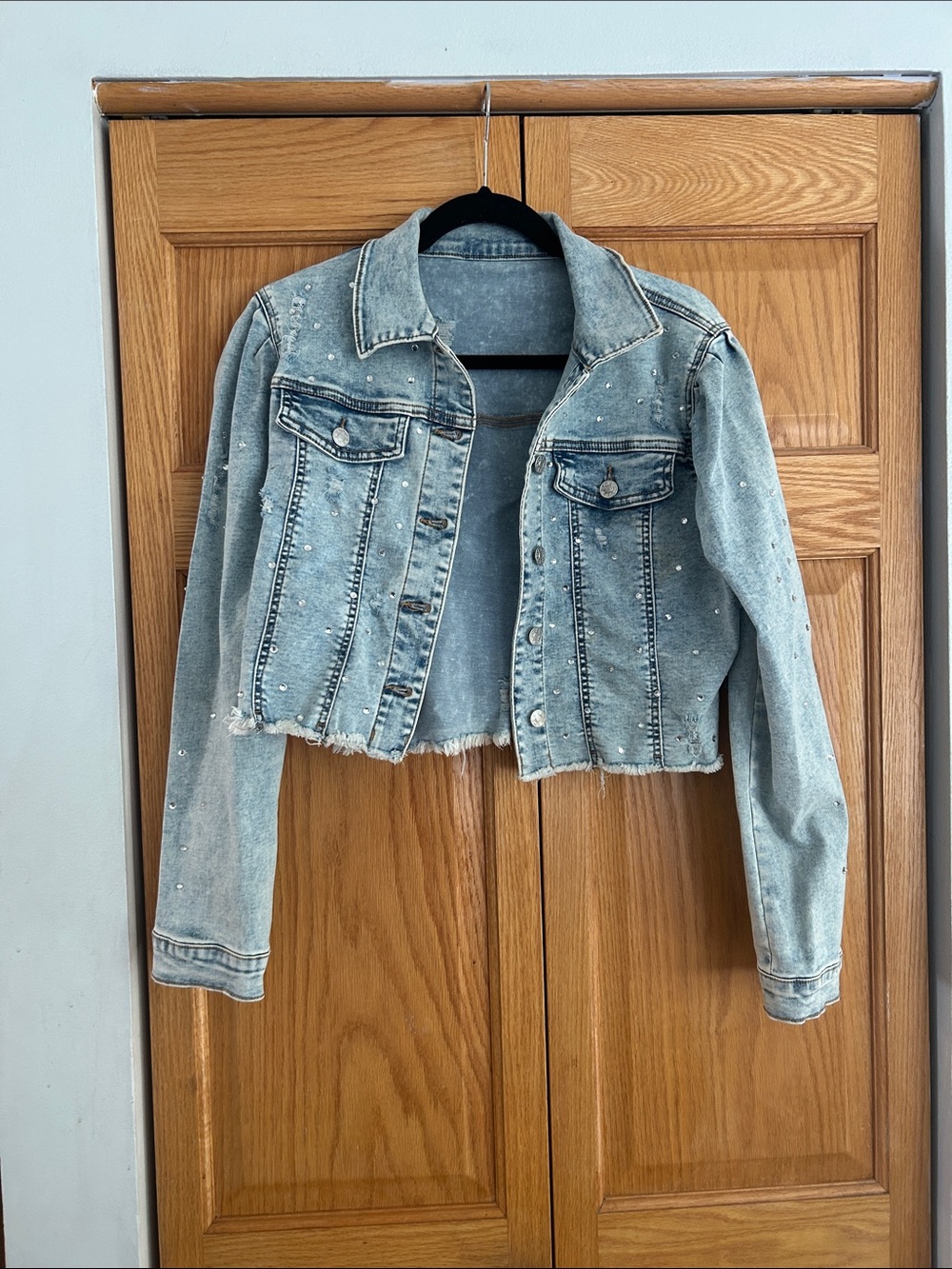 Light Blue Distressed Cropped Denim Jacket - Women
